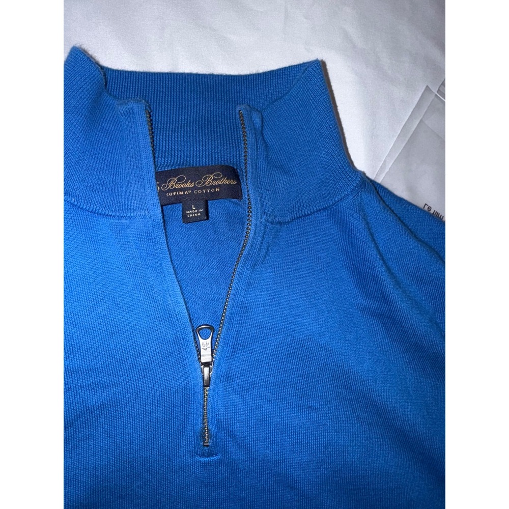 Brooks Brothers Mens Blue Supima Cotton Quarter Zip Sweater Large Mock Neck - Picture 2 of 5